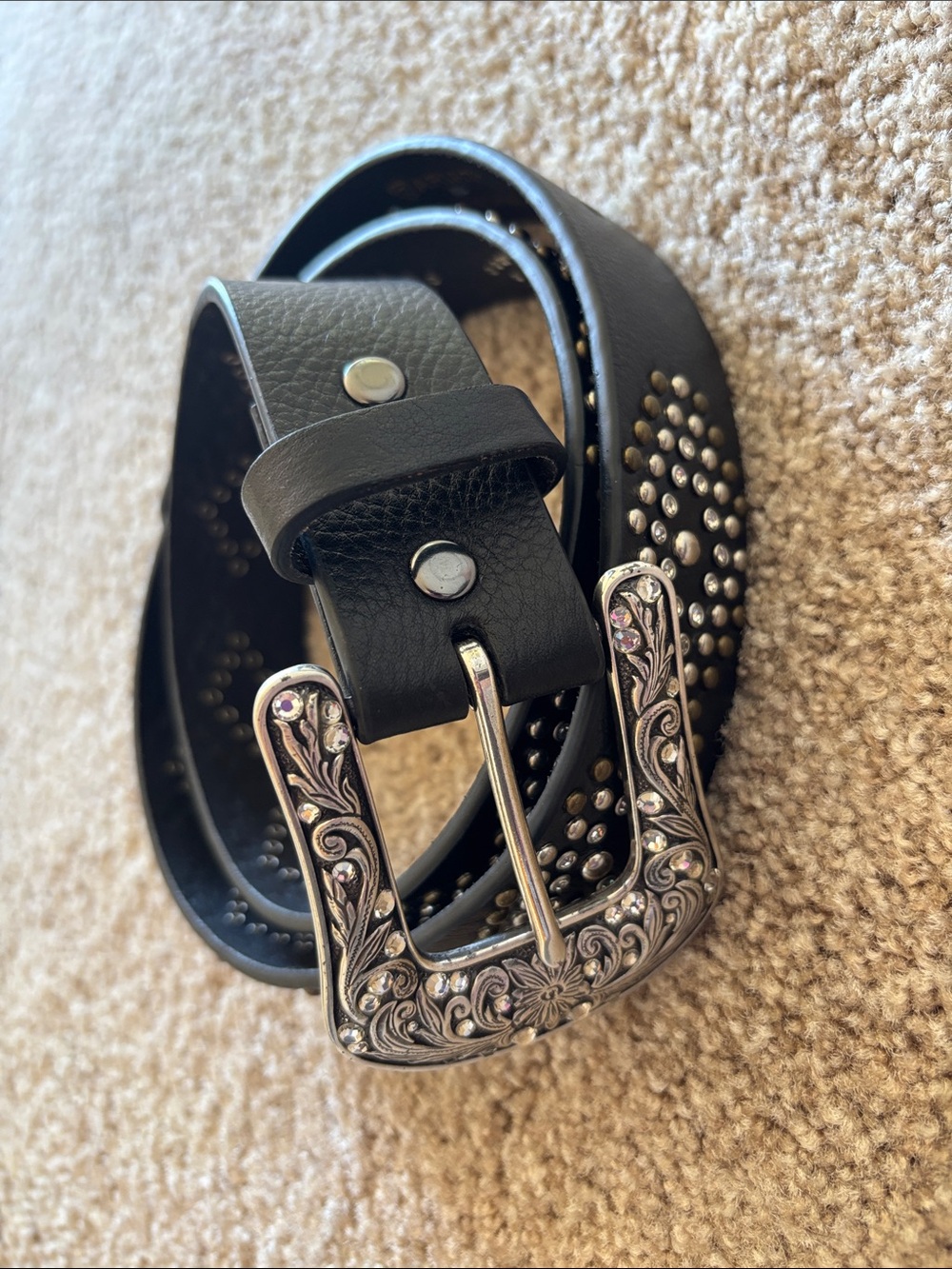 Ariat Black Studded Leather Belt with Ornate Silver Buckle